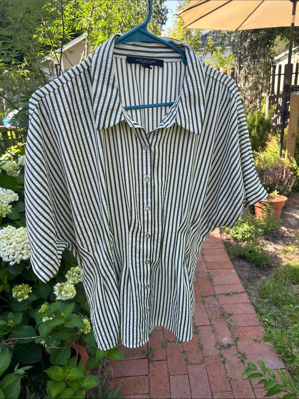 Marc NY Women’s Short-Sleeve Stripe Button-Down Shirt - Olive Green  & Cream